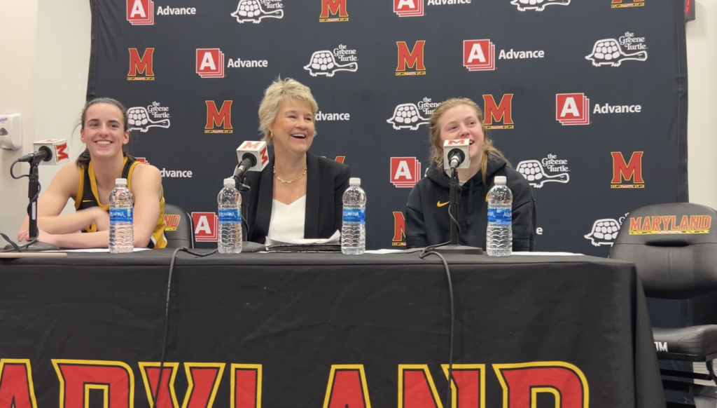 Caitlin Clark, Lisa Bluder and Molly Davis meet with the media following Iowa's 93-85 win over Maryland on Feb. 3, 2024. (Juliet Megdal photo)